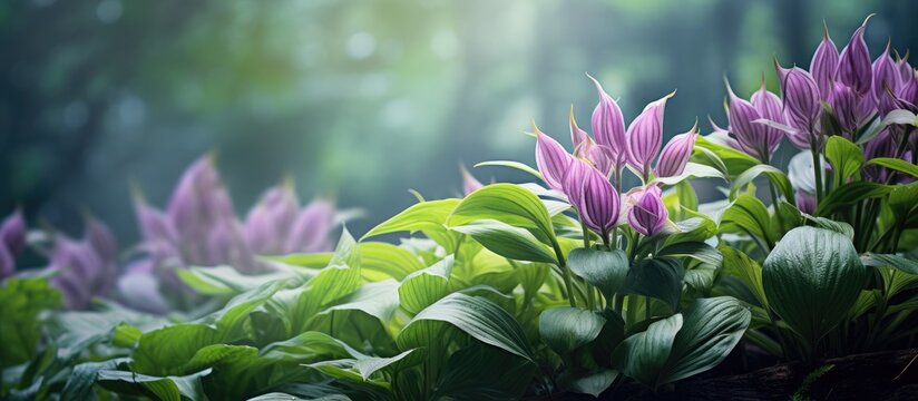 Background featuring flowers and hostas with copy space image