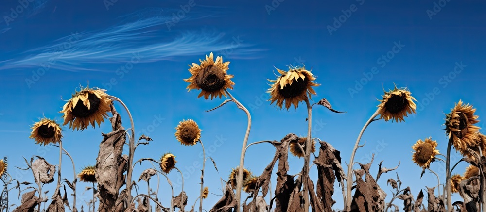 Poster An expanse of withered sunflowers set against a backdrop of blue sky with ample copy space image