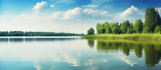 Fototapeta premium Summer lake landscape with serene water reflecting the sky ideal for a copy space image