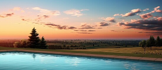 Naklejka premium Scenic countryside sunset with a swimming pool in the front ideal for a copy space image