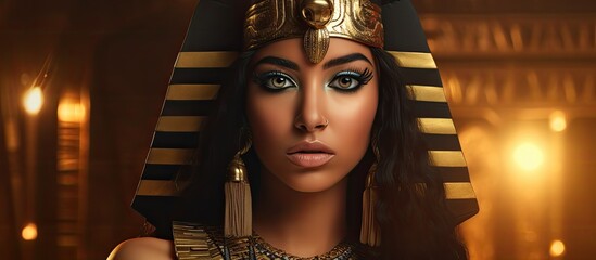 A young woman posing with an Egyptian themed outfit creating a captivating image with copy space - Powered by Adobe