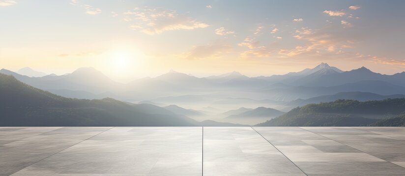 Sunrise landscape with a spacious square floor and mountain backdrop blank space for placing an image. Copy space image. Place for adding text and design