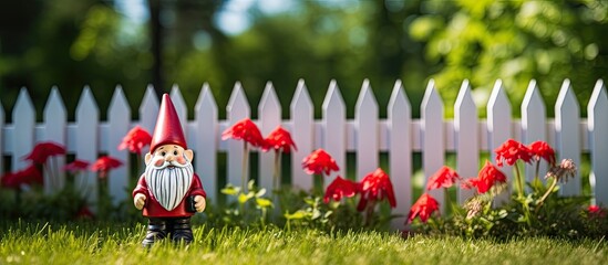 Statue of a gnome with a red hat standing in a lush garden with flowers lawn and a white picket fence in the background featuring copy space image
