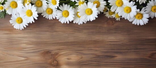 Obraz premium Chamomile flowers on a wooden background in a blank greeting card with copy space image