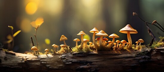 A cluster of small brown mushrooms sprouts from a stump with numerous yellow mushrooms beneath an aged tree creating an enchanting copy space image - Powered by Adobe