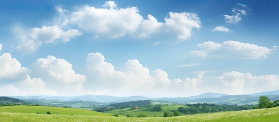 Landscape with fresh green vegetation from the forest and meadows under a sky filled with fluffy white clouds ideal for a copy space image