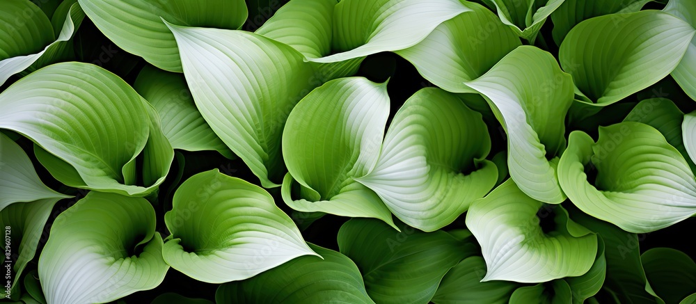 Wall mural close up top view of a hosta plant in shades of green and white set within a garden with ample copy 