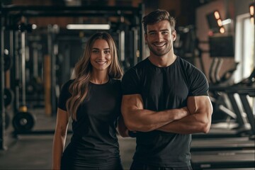 Portrait of a smiling fitness couple wearing black T-shirts, posing in a dimly lit gym with exercise equipment in the background