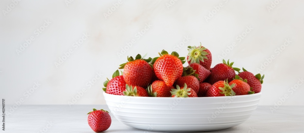 Sticker Fresh ripe and delicious strawberries arranged in a white bowl with a gray cloth background creating a perfect copy space image