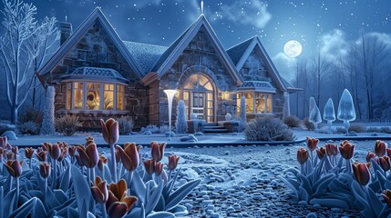 A suburban home with a charming stone facade, surrounded by a winter landscape, large bay windows frosted over, 