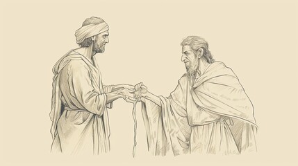 Fototapeta premium Biblical Illustration: Naaman's Healing, Washing in Jordan River, Healed of Leprosy, Elisha's Instructions, Beige Background, Copyspace