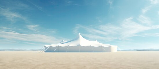A white events tent sits in a sandy field under the sunny summer sky providing a perfect backdrop for a copy space image