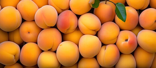 Close up of fresh apricots ripe and ready to eat displayed in a box at a market with copy space image - Powered by Adobe