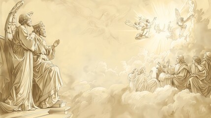 Naklejka premium Biblical Illustration: John's Vision of Heaven, Throne of God, Angels and the Lamb, Beige Background, Copyspace