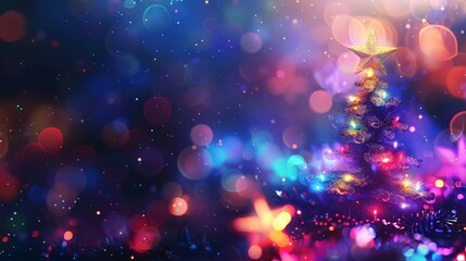 Fototapeta premium Glowing Christmas Lights: Abstract Blue and Purple Background with Festive Glitter and Defocused Xmas Tree
