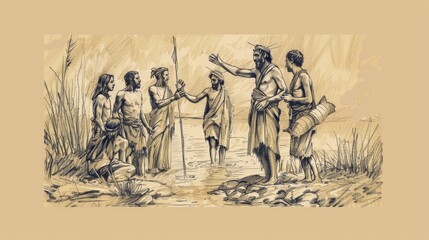 Biblical Illustration: John the Baptist's Ministry, Preaching Repentance, Baptizing in Jordan River, Beige Background, Copyspace