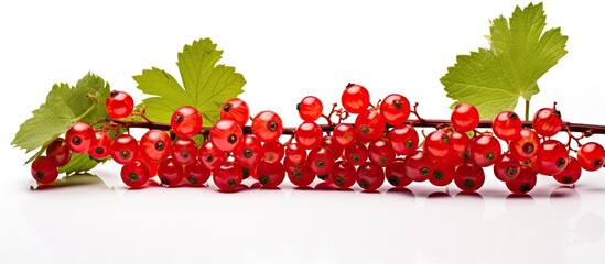 Red currant berries on a white backdrop emphasizing the copy space image