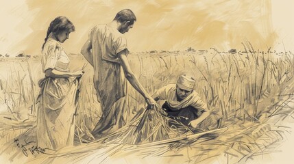 Biblical Illustration: Ruth and Boaz, Ruth Gleaning in Boaz's Field, Kindness and Marriage, Beige Background, Copyspace