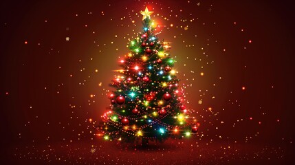 A colorful Christmas tree with lights and a star on top. The tree is surrounded by a red background