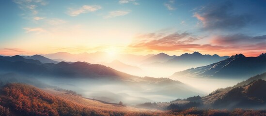 Scenic sunrise over a vibrant fall mountain landscape with copy space image