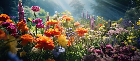 Garden universe with a vibrant variety of flowers and plants creating a beautiful symphony of colors textures and scents in a copy space image