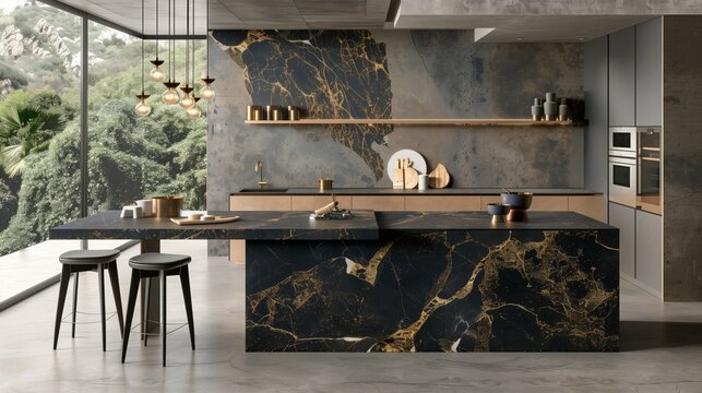 Minimalistic black and gold barble kitchen with accessories and bar chairs in light modern spacious kitchen interior