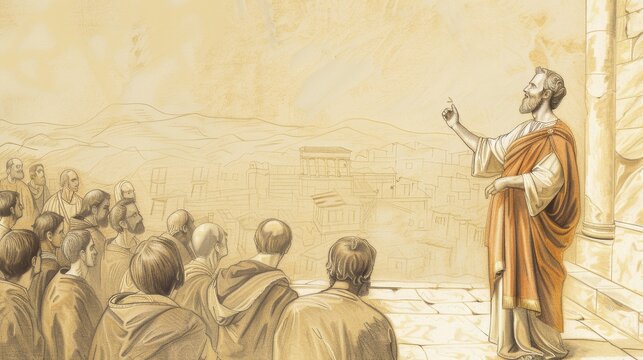 Biblical Illustration: Paul Preaches in Athens, Areopagus Sermon, Philosophers Listening, Beige Background, Copyspace