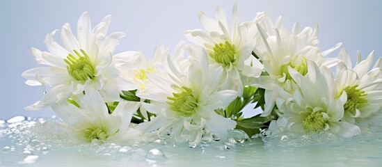 A spring themed bouquet featuring white chrysanthemums orchids and green leaves with water droplets on the petals set against a natural background with space for text or other images