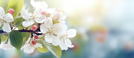 Apple blossom Beautiful blooming apple tree branches with blurred background showcasing succulent white flowers and buds up close ideal for spring season background in a banner copy space image