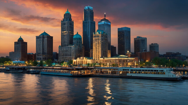Detroit skyline at sunset, reflecting on the tranquil waters of the Detroit River front.