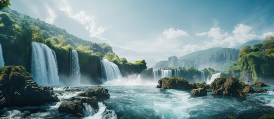 Fototapeta premium Asia waterfall during daytime with copy space image