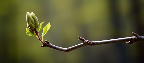 A close up image of a poplar tree bud in a forest with copy space image