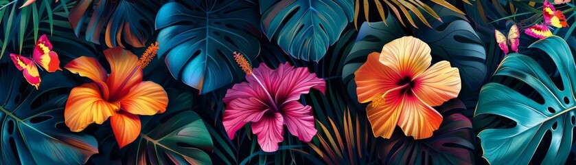 Colorful tropical floral background with vibrant hibiscus flowers and lush green leaves, perfect for summer or exotic themed designs.