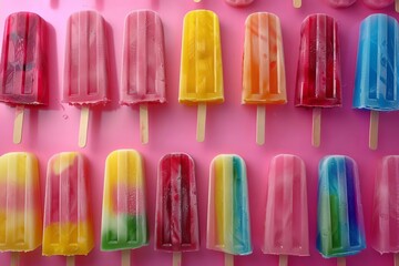 Colorful popsicles arranged in rows on a pink background, showcasing a variety of vibrant and refreshing frozen treats for summer.