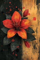 Red Flower on Black and Yellow Background