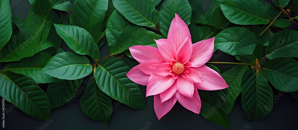 Canvas Prints a pink flower set against a green leaf backdrop creates a harmonious colorful copy space image