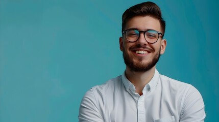 Happy Young Entrepreneur Exuding Success while Working on Color Background