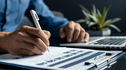 A man holding pen is doing checklist.