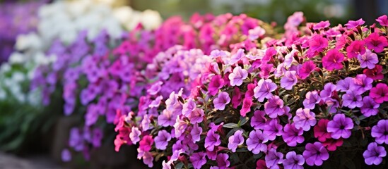 Obraz premium Beautiful pink and purple flowers in a garden with copy space image