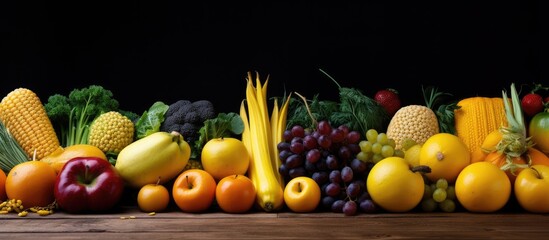 Yellow fruits and vegetables displayed on a textured wooden surface with ample copy space image