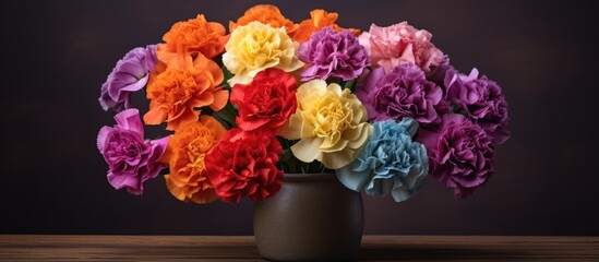 A stunning arrangement of multicolored carnation blooms in a vase displayed on a table serving as a lovely home decor with a vertical copy space image for wallpapers and backgrounds