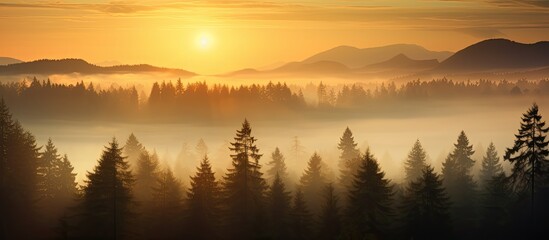 Obraz premium Scenic forest under a stunning misty sunrise with golden hues providing a picturesque view with copy space image