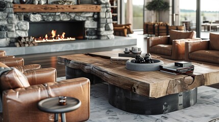 A contemporary living room with a rustic touch