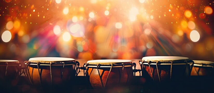 Ethnic drum band concert theme creative abstract blur background with bokeh effect. Copy space image. Place for adding text and design