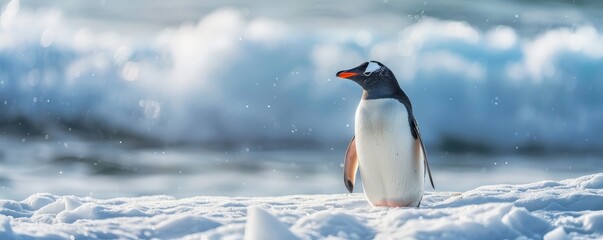 Obraz premium Majestic Penguin Standing on Snow-Covered Beach Against Ocean Backdrop