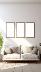 Naklejka premium A mockup of wooden frames, placed above a sofa in front of a white wall