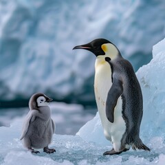 Obraz premium Adorable Penguin Chick Gazing Up at Parent on Icy Surface