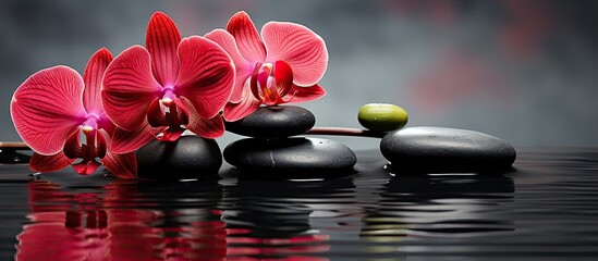 Plakat Spa themed still life composition featuring a red orchid bamboo stem and black zen stones on a wet surface with copy space image