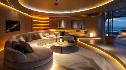 A contemporary living room with a futuristic touch