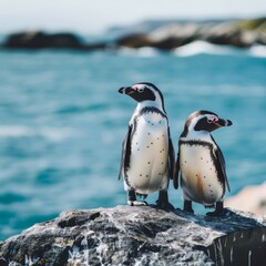 Majestic Penguins Standing on Rock with Ocean Background